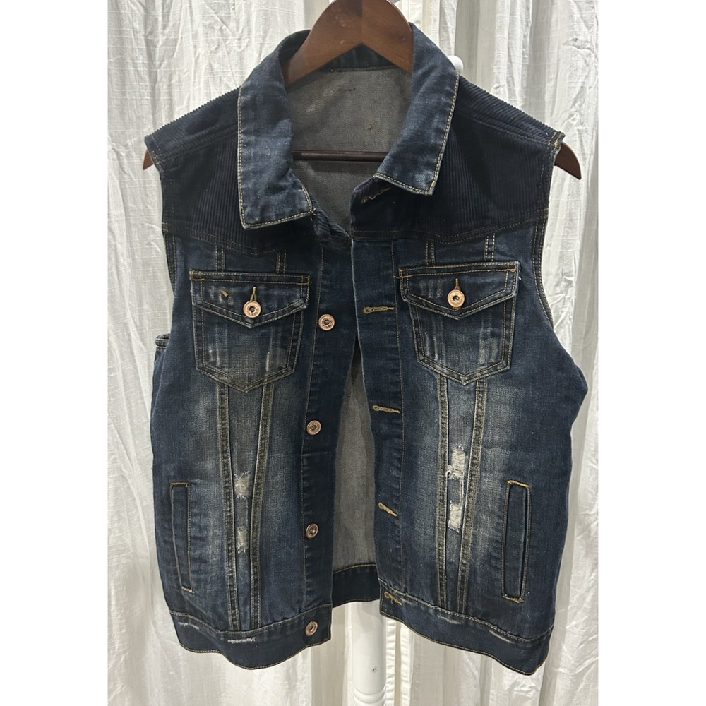 Vintage Womens Denim Vest with Blue Corduroy Collar Size M Country Ranch Boho